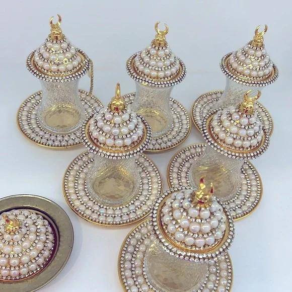 NEW HANDMADE TURKISH TEA SET WITH PEARLS - Picture 8 of 17